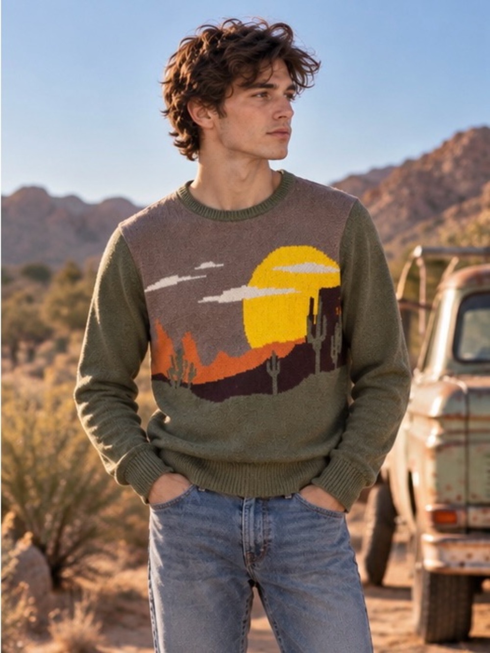 Goodthreads Men’s Desert Landscape Cactus Sunset Cotton Sweater XS Western